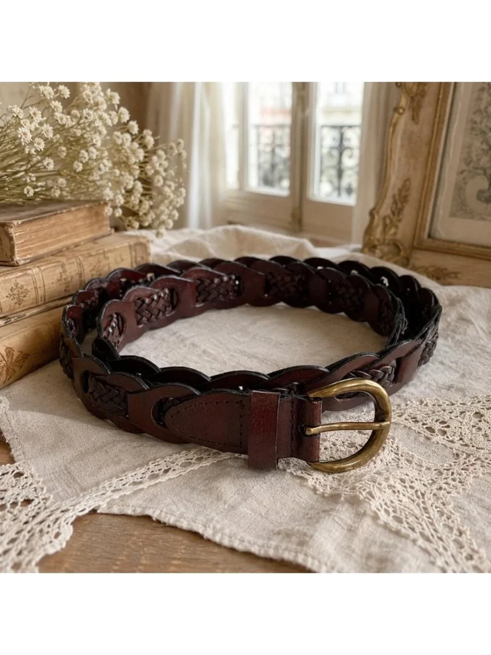 Vintage Style Brown Woven Belt Brass Tone Buckle | Braided Boho Waist Belt Small